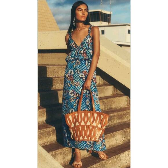 $820 Ulla JohnsonSigrid Azul Blue 100% Silk Dress Sz 8 Floral Midi Pockets - Picture 1 of 16